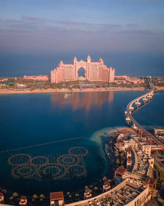 Stunning aerial shot of Atlantis, The Palm in Dubai at sunrise.